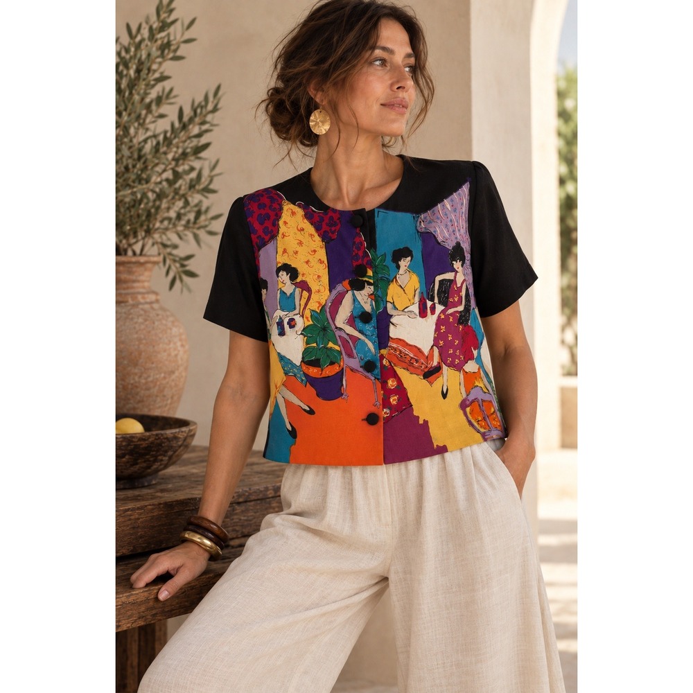 Karin Stevens Blouse Petites 14 Black Multi Cafe Novelty Print Vintage Art Wear